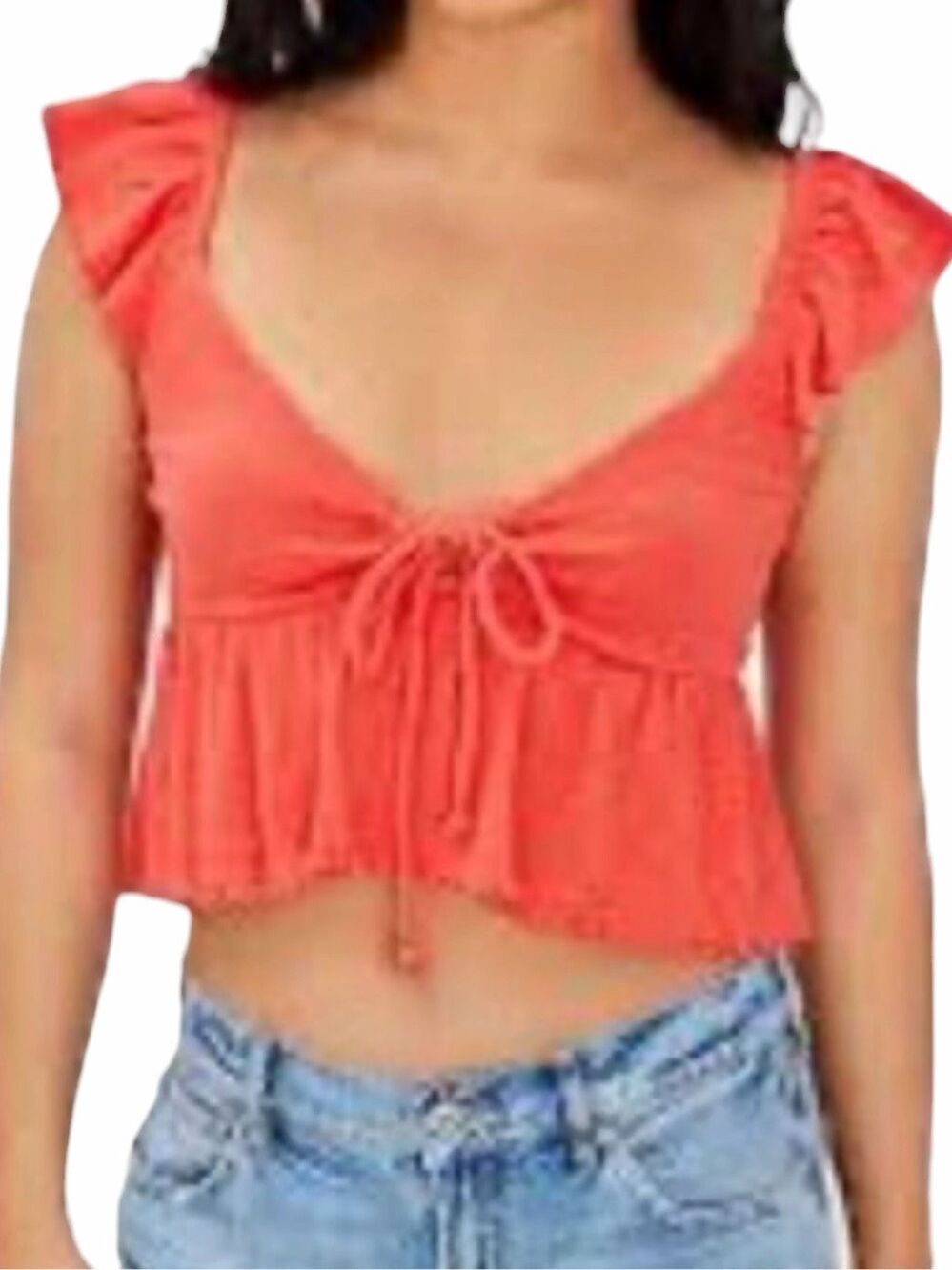 AMERICAN EAGLE Ruffle Tie Front Crop Top Red Orange Ribbed Large